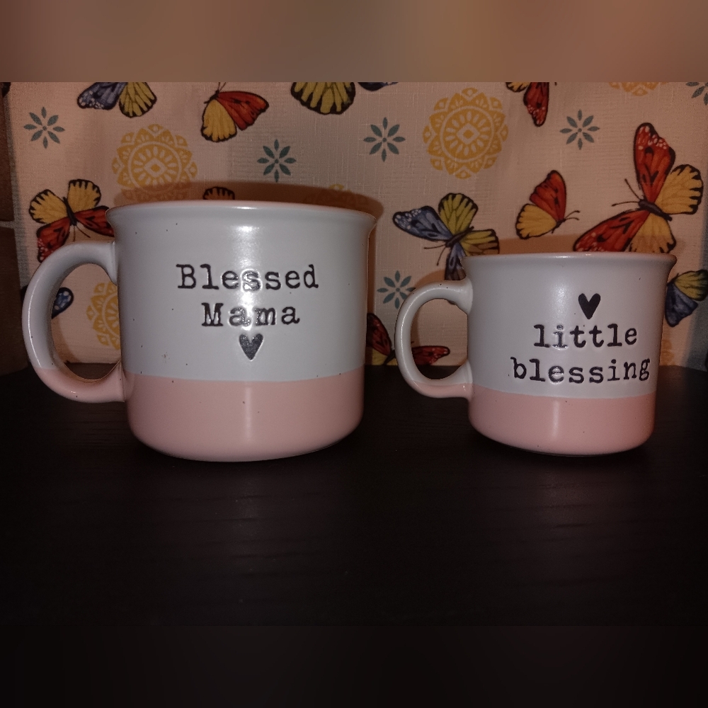 BLESSED MAMA & LITTLE BLESSING Pink Mug Set Mother’s Day Coffee & Espresso